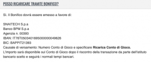 snai ricarico bonifico